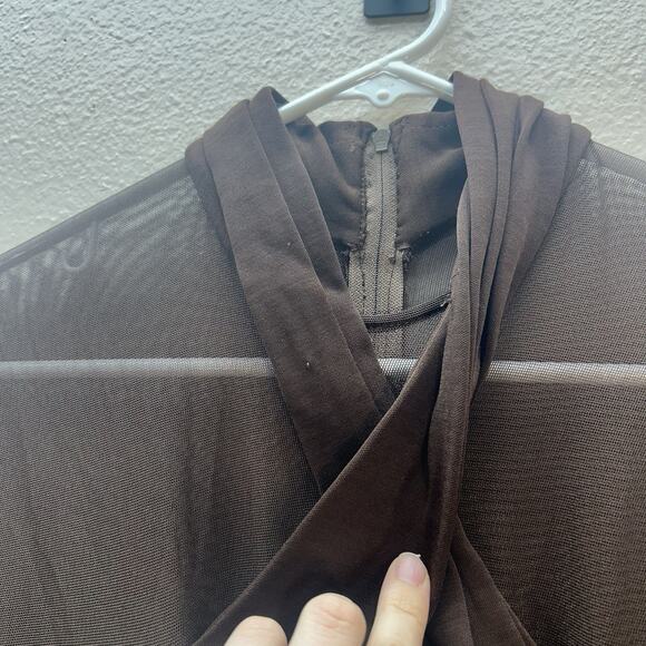 Vtg Tadashi Shoji Brown Long Mesh Sheer Sleeves Dress Formal Evening Gown SZ L - Picture 12 of 16
